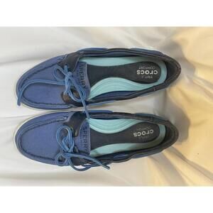 Blue denim and leather Sperry Topsiders with Crocs insole size 7